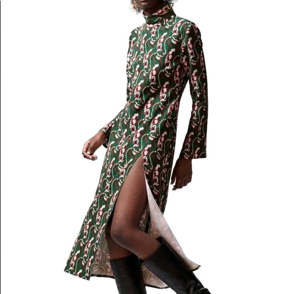 π ZARA GREEN ABSTRACT PRINT FLORAL MOCK NECK SLIT MAXI DRESS! - Picture 6 of 12
